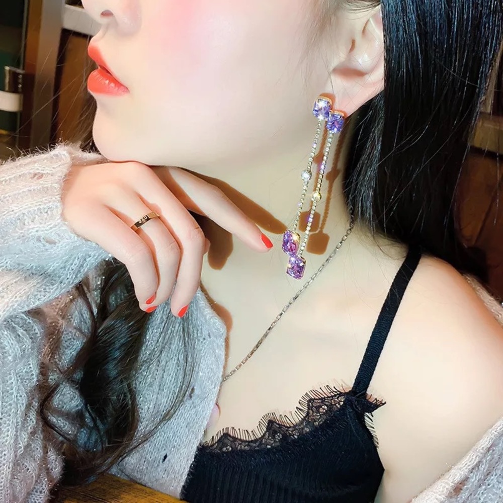 Purple Square Crystal Tassel Drop Earrings
